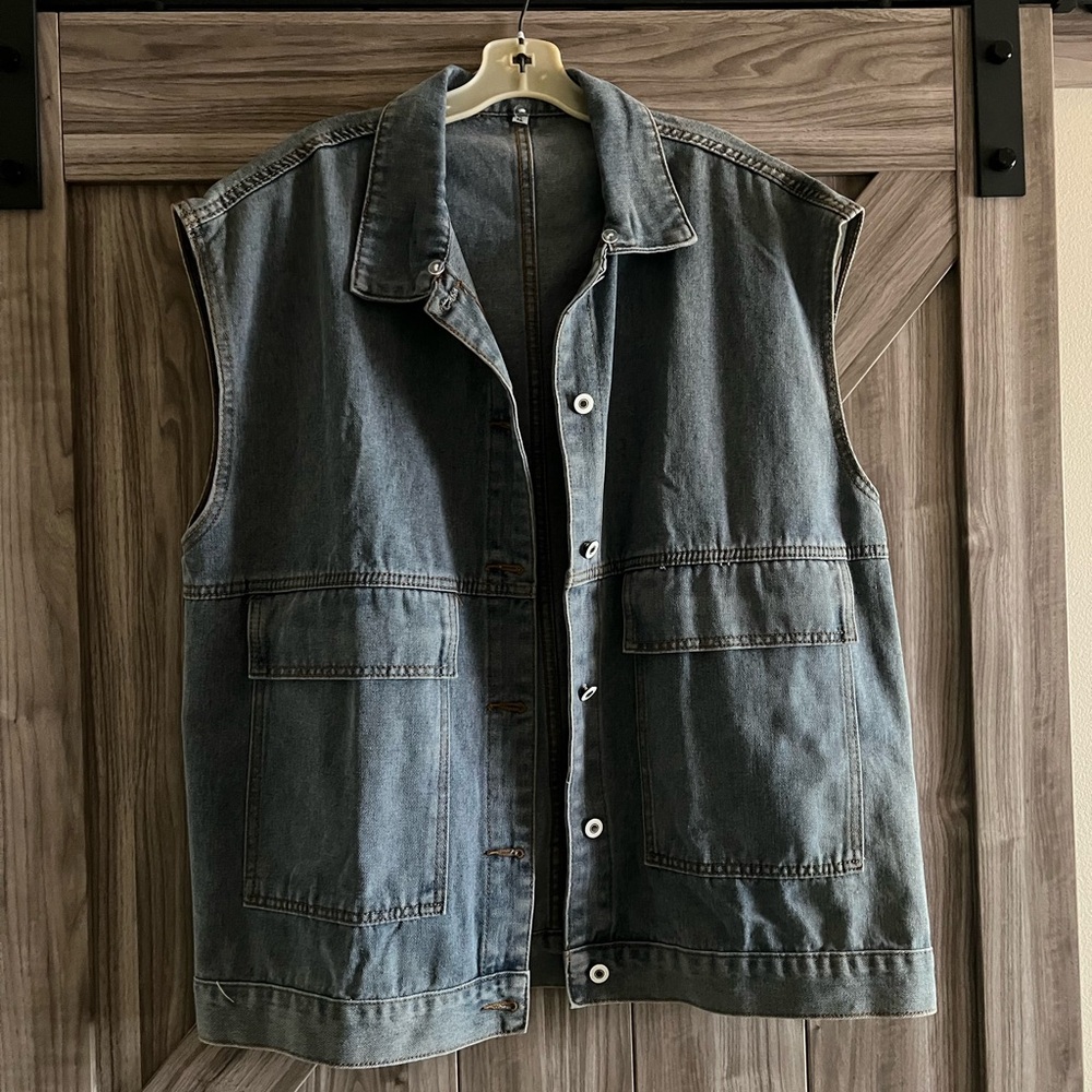 NWOT Denim Sleeveless Vest with Removable Hood
